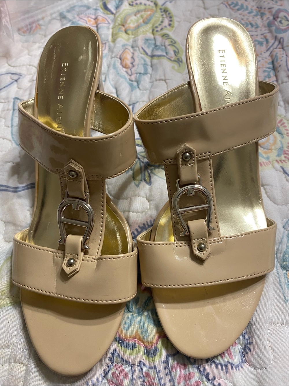 Etienne Aigner Beige Patent Slide Mules with Silver Hardware